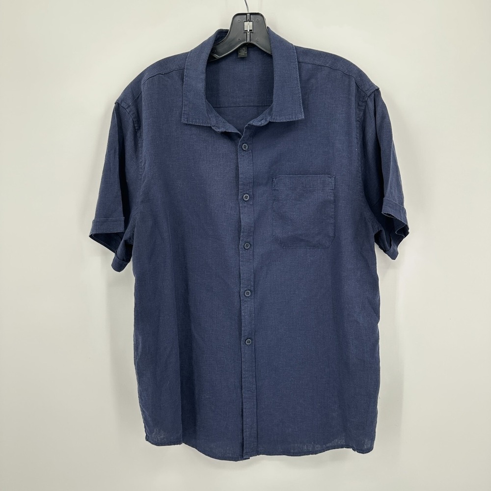 Magaschoni Button Up Shirt Mens L Blue Linen Blend Lightweight Travel Church
